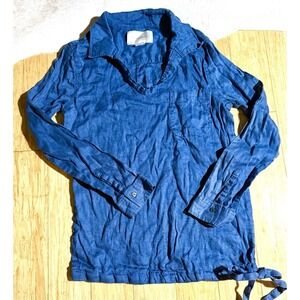 Brochu Walker 100% Linen Navy Long Sleeve Shirt Women's V-Neck Size Small Pocket